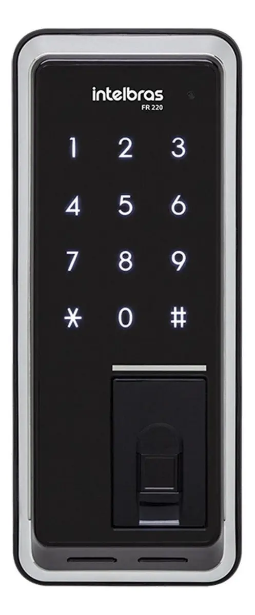 Fechadura digital Intelbras FR 220 de sobrepor, preta, com teclado touch e leitor biométrico